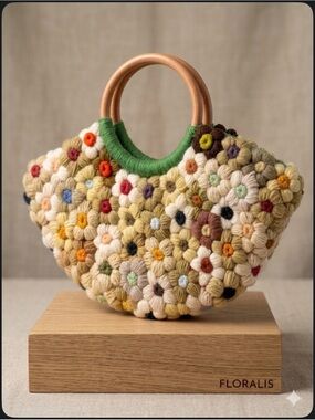 Vintage Multicolor Floral Crochet Hobo .